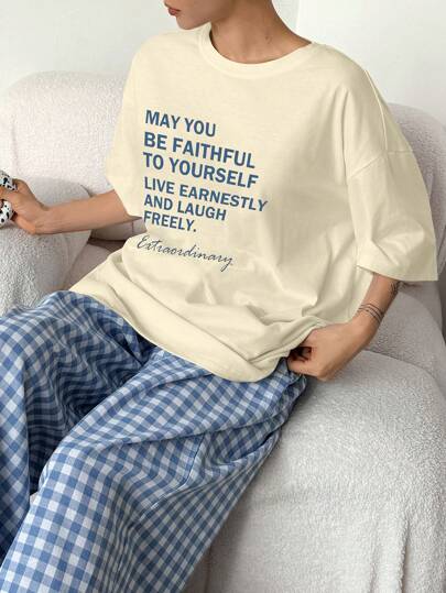 DAZY Letter Graphic Print Decor Loose T-Shirt And Plaid Straight Leg Pants Loungewear Set Pajama