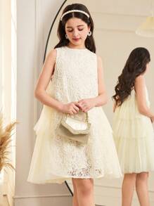SHEIN Tween Girls Elegant Loose Fit A-Line Embroidered Lace Multilayer Ruffle Mesh Pleat Sleeveless Dress - Apricot - View 3