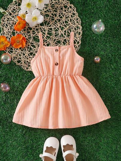 Baby Girls Dusty Pink Shirred Button Front Sleeveless Flared Hem Casual Dress