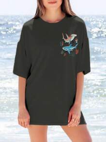 Women's Casual Loose Respect Shark Surfing T-Shirt, Short Sleeve Protect Ocean Sea Life Beach Tee, Spring/Summer - Grey - View 3