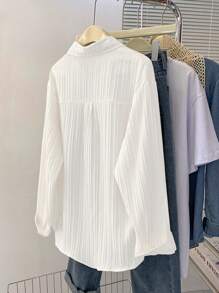 INAWLY Casual Versatile Minimalist Plain Textured Pocket Shirt - White - View 2