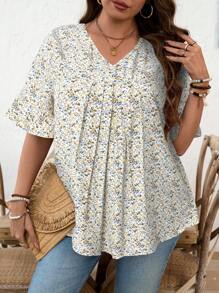 SHEIN LUNE Plus Size Women Ditsy Floral V-Neck Ruffled Sleeve Front Pleat Mid Sleeve Casual Vacation Blouse - Apricot - View 1