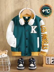 Jaqueta de beisebol com estampa de letras, solta e confortável, casual, para meninos, roupa bomber, adequada para roupas infantis, roupas para meninos, conjunto de volta às aulas, para uso diário, escola, viagens, esportes, temporada outono/inverno