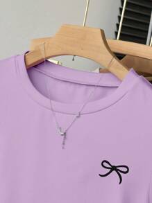 Tween Girls Casual Multi-Purpose Simple Bow Decor Print Short Sleeve T-Shirt - Mauve Purple - View 5