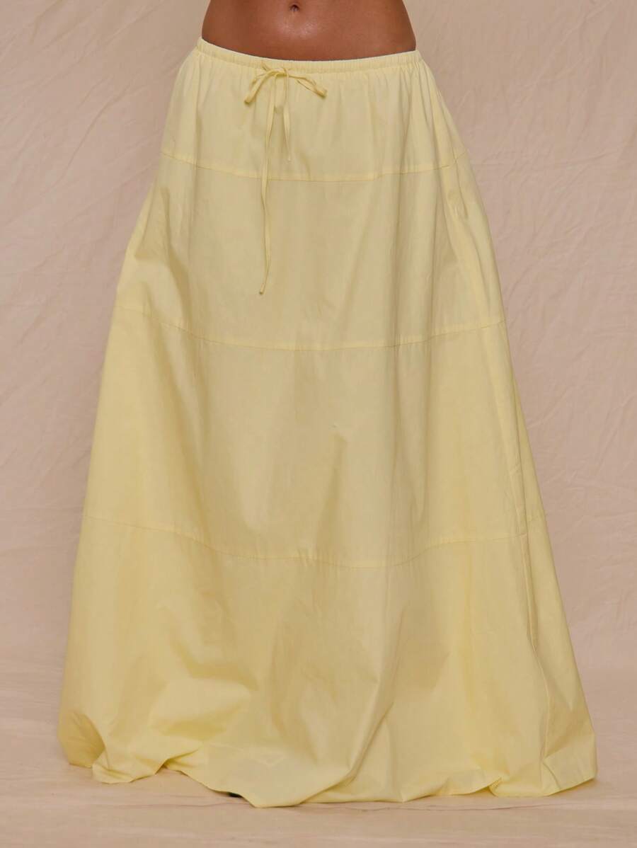 MUSERA Drawstring Front Tiered Cotton Poplin Floaty Maxi Skirt Summer Vacation Cute Elegant Sweet Escape - Yellow - View 1