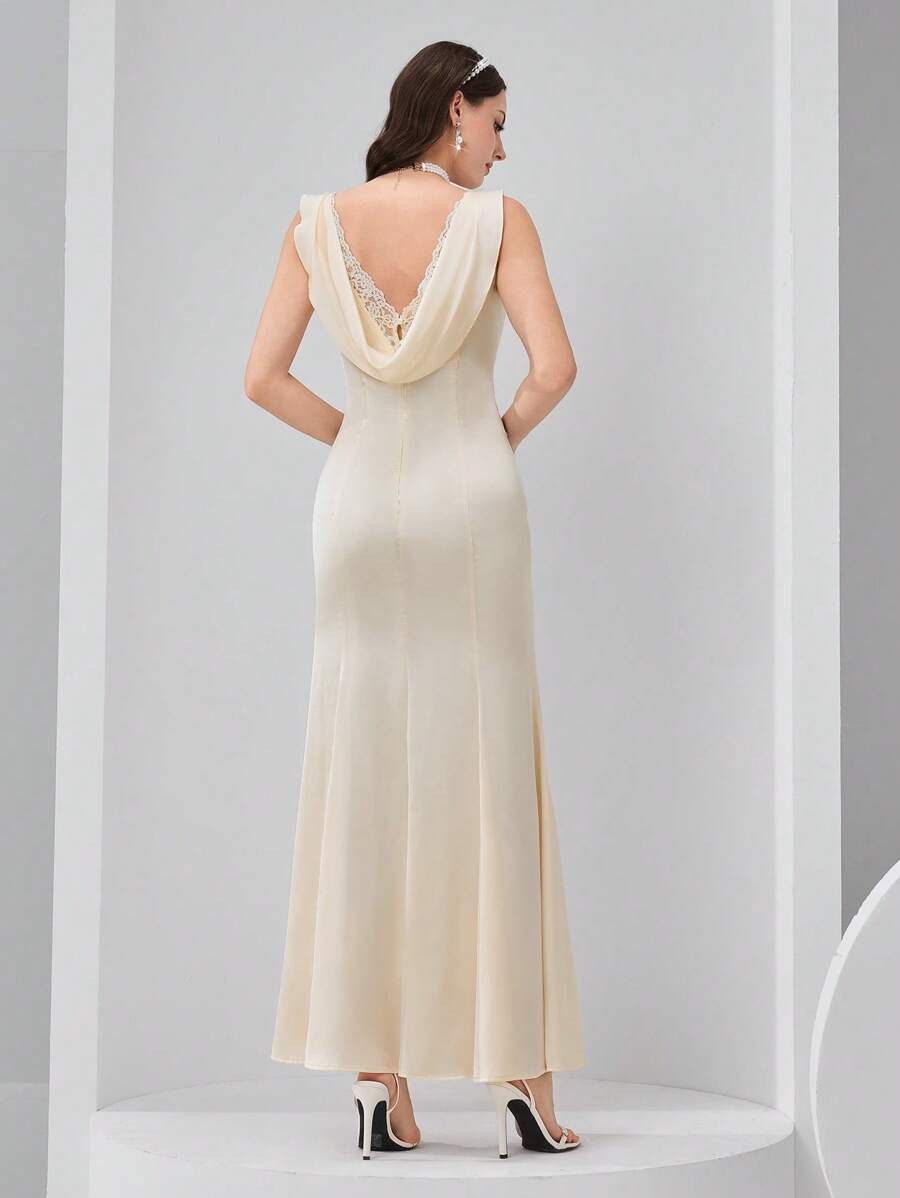 Modelyn Women's Solid Color Backless Halter Design Slim Fit Elegant Dress - Beige - View 1