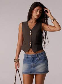 SHEIN Forever 21 Áo ba lỗ dệt kim cổ chữ V cổ điển mới cho nữ mùa hè - màu nâu - Xem 1