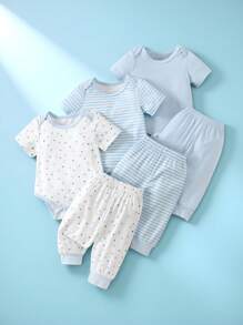 SHEIN Playful Pals Bộ 6 món cho bé sơ sinh, kiểu dáng thường ngày, kẻ sọc và họa tiết ngôi sao, cổ tròn, tay ngắn, áo liền quần và quần, chất liệu vải dệt kim thoải mái, phù hợp cho hoạt động ngoài trời và mặc hàng ngày, dành cho bé từ 0-9 tháng tuổi. - Xanh và trắng - Xem 1