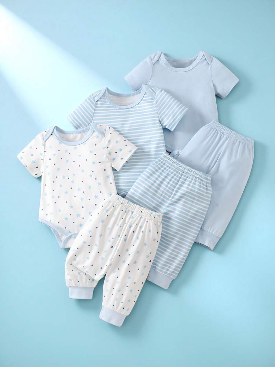 SHEIN Playful Pals Bộ 6 món cho bé sơ sinh, kiểu dáng thường ngày, kẻ sọc và họa tiết ngôi sao, cổ tròn, tay ngắn, áo liền quần và quần, chất liệu vải dệt kim thoải mái, phù hợp cho hoạt động ngoài trời và mặc hàng ngày, dành cho bé từ 0-9 tháng tuổi. - Xanh và trắng - Xem 1