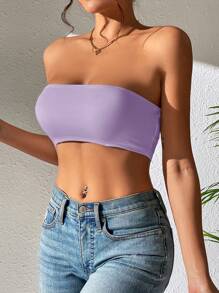 SHEIN PETITE Top corto tubo liso para mujer, camisa sin mangas sexy para el verano - Morado Violeta - Ver 4
