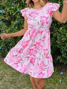 SHEIN VCAY Plus Size Women Floral Print Round Neck Cap Sleeves Casual Dress Graduation Dress Sun Dress Summer Outfits For Women Easter Outfit Women Festival Rave Bohemia Graduation Wedding Guest Dress Women Vacation Boho Festival Outfits Country Concert Outfit Brunch Outfits For Women Easter Outfit Curve - Multicolor - View 5
