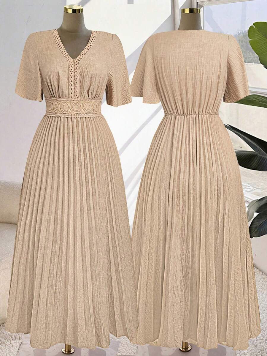DreamSkyne Women's V-Neck Lace Trim Waist Pleated Hem Dress - Apricot - View 1