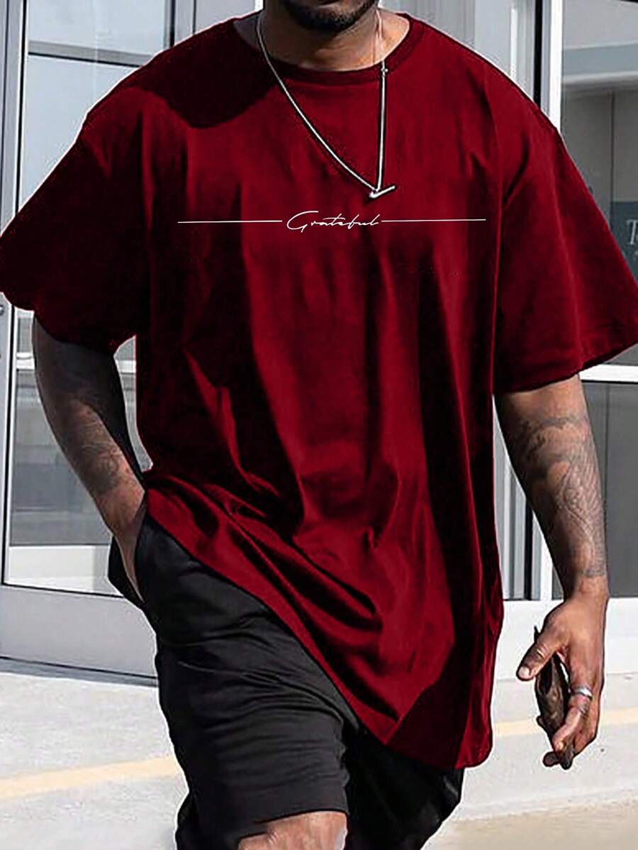 Manfinity Homme Plus Size Men's Round Neck Short Sleeve T-Shirt, Fashionable For Summer