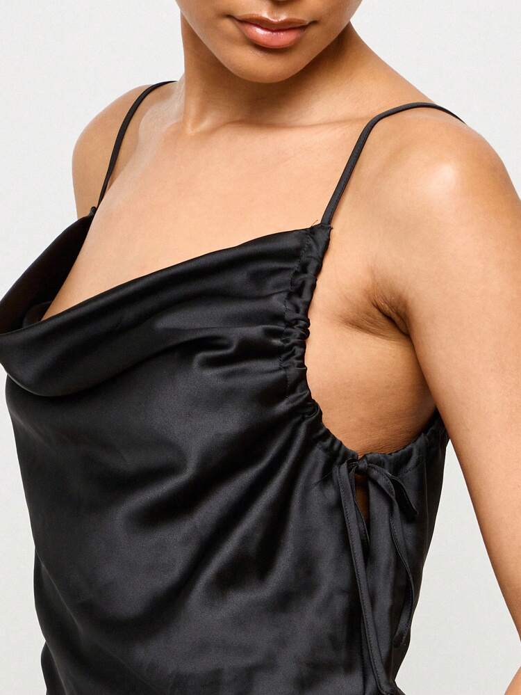Satin Cowl Neck Tank Top With Side Ruching Adjustable Straps