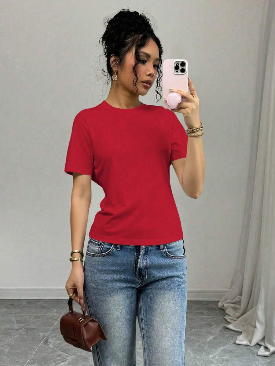 Selianne Women's Solid Color Round Neck Short Sleeve Casual Versatile T-Shirt - Red - View 1