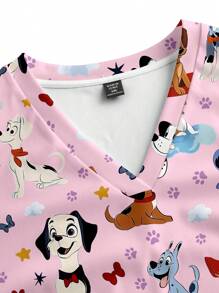 PopScrub Casual Cute Cartoon Puppy Print Scrub Top, Suitable For Summer, Plus Size - Multicolor - View 4