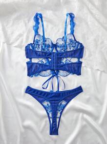 2 piezas Conjunto de lencería transparente con bordado floral sexy para mujeres