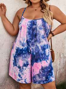 SHEIN CURVE+ Mono casual con pliegues y efecto tie-dye con tirantes de espagueti para mujer de talla grande para verano, Curve Plus, Hoho - Atuendos para vacaciones/playa para mujer, vestido de playa, atuendos para vacaciones en la playa, artículos esenciales de playa, vestido para graduación/té.
