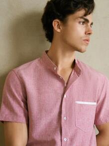 HIMLAND Men Mock Neck Button Front Short Sleeve Shirt, Old Money - Pink - View 3
