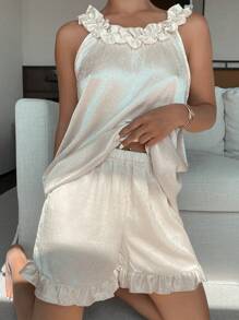 DAZY 女士 2 件套缎面荷叶边吊带背心短裤睡衣套装 - 米色 - 查看 6