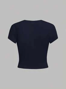 青少年女孩休闲运动风格粉色蕾丝和数字印花修身圆领短袖短款上衣，适合夏季 - 彩色 - 查看 3