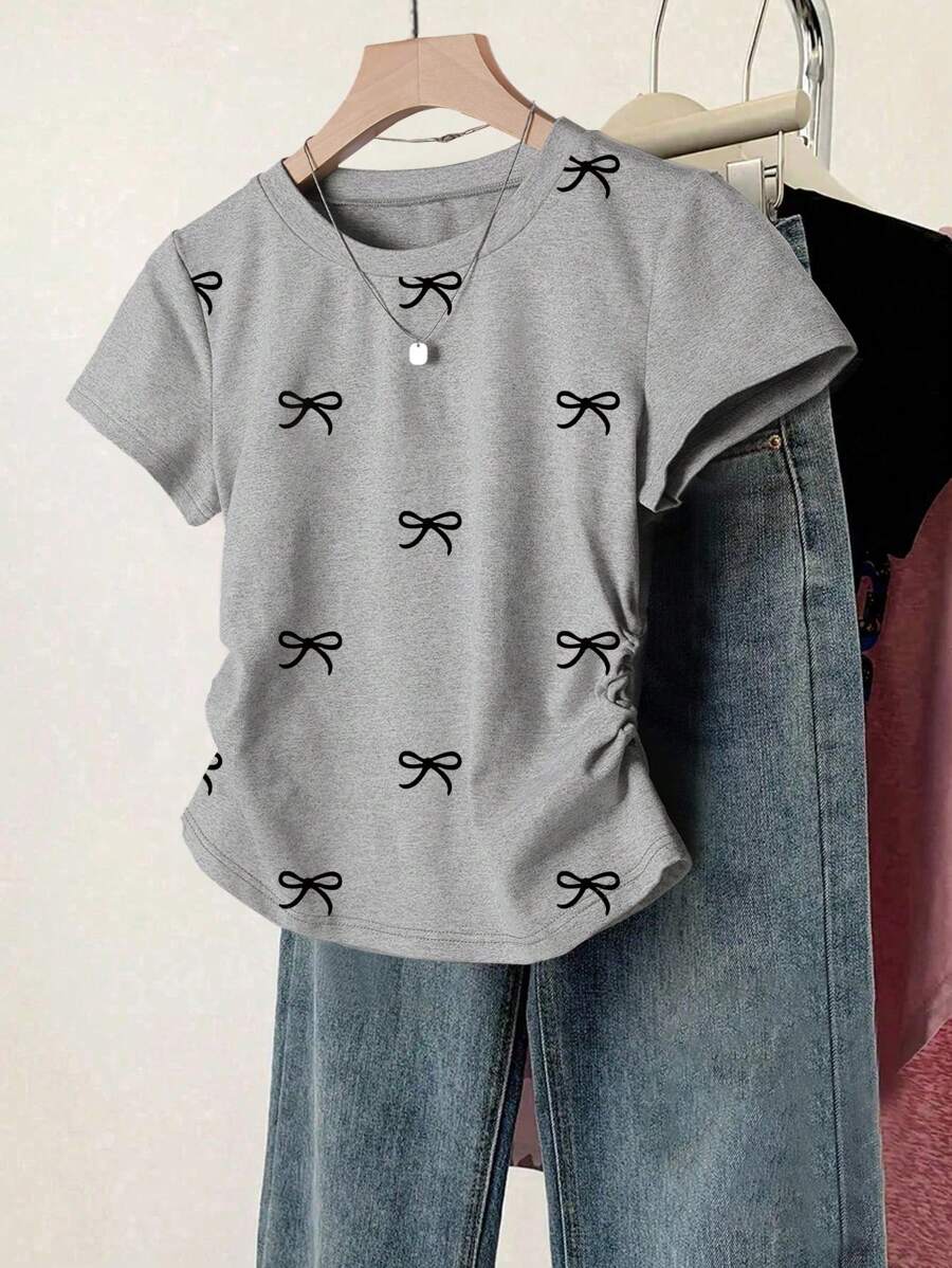 Tween Girls Casual Multi-Purpose Black Bow Print Short Sleeve T-Shirt - Light Grey - View 1
