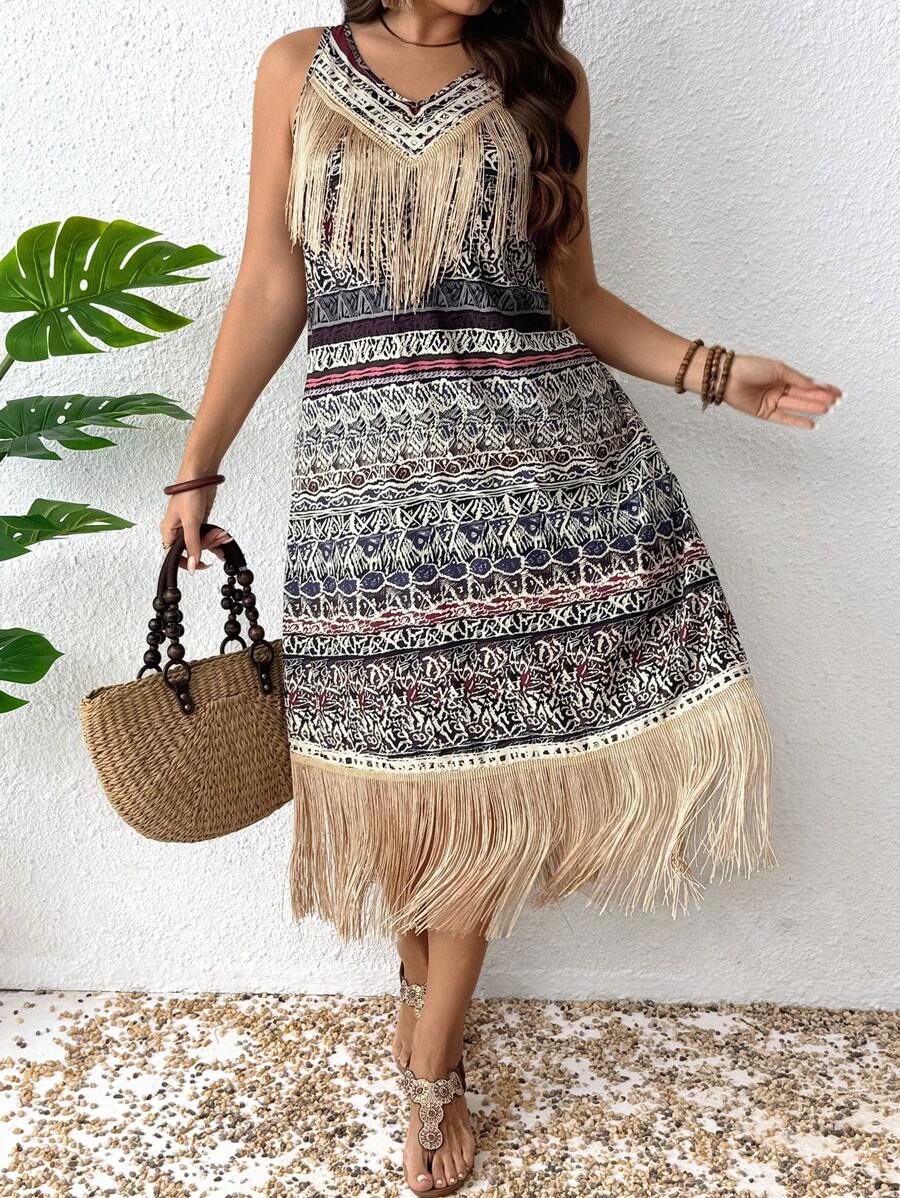 SHEIN Clasi Plus Size Women's V-Neck Tassel Floral Patchwork Dress, Casual Vacation Dress For Music Festival, Versatile For Spring/Summer - Multicolor - View 1