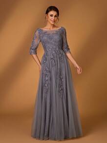 Serin Summer Romantic And Elegant Gray Lace Splicing Mesh Luxury Applique Embroidery Design Round Neck Three-Quarter Sleeves A-Line Hem Suitable For Dinner Date Dance Bachelorette Party Holiday Music Festival Wedding Event Bride Mother Dress