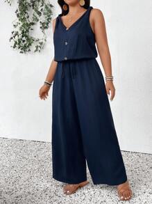 SHEIN Frenchy Damen Große Größen Jumpsuit mit Twist-Knoten, V-Ausschnitt und Taillenbund