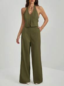 SHEIN Tall 办公室女士V领露背无袖上衣+阔腿裤修身加长套装 - 軍綠色 - 查看 4