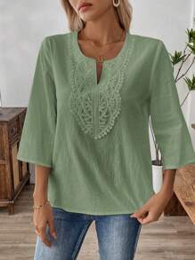 EMERY ROSE Women's Solid Color Contrast Lace 3/4 Sleeve Casual Shirt - Mint Green - View 6