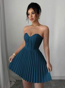 Elenzga 优雅褶饰 A 字腰女式连衣裙 - 水鴨藍 - 查看 5