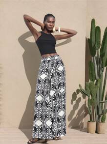 Maija Pantalones casuales sueltos, bohemios y de playa con estampado floral tropical en negro, cintura elástica con cordón, bolsillos, minimalistas y de moda para uso diario y exterior en verano