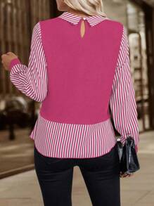EMERY ROSE Women's Striped Collar Long Sleeve Button Mock Layered Casual Blouse Fall Cloth For Women - Hot Pink - View 2