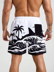 Manfinity KASUA Men's Casual Fashionable Beach Shorts, Suitable For Summer Man Swim Trunks - Black and White - View 2
