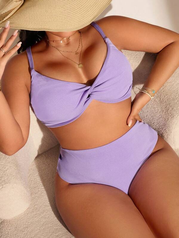 Swim Mod Conjunto de 2 piezas de talla grande para mujer de unicolor con top de camiseta retorcido y bikini