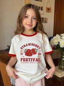 Tween Girls Fruit Strawberry Letter Print Contrast Color Short Sleeve T-Shirt, Casual & Comfortable For Spring/Summer, Birthday Gift