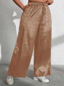 Flirla Plus Size Casual Leopard Jacquard Wide Leg Pants