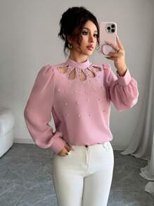 Modelyn 女士宽松泡泡珠领撞色材质拼接长袖衬衫 - 粉色 - 查看 6