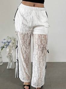 Firerie Pantalon large blanc casual de sport avec décor de dentelle et nœud bicolore noir et blanc, tailles plus pour femmes - Noir et Blanc - Voir 5