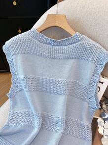 Franclia Casual Textured Patchwork Shell Trim Fringed Hem Knit Tank Top For Women, Sky Blue, Spring/Summer - Baby Blue - View 5
