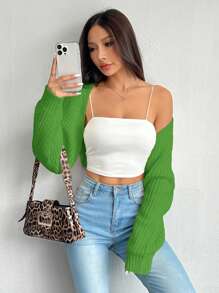 SHEIN PETITE Balletcore Ribbed Knit Raglan Sleeve Shrug Crop Cardigan Without Cami Top