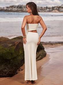 SHEIN BAE Vestido largo tipo túnica de mujer para verano, resort, boda, estilo bohemio, hombros descubiertos, de lino, con decoración hueca de metal, vestido para invitados de boda, ropa bohemia de mujer, atuendo para brunch y conciertos