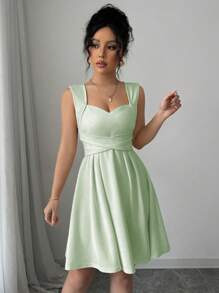 Selianne 休闲优雅度假风格心形领交叉带大蝴蝶结褶皱无袖女式迷你连衣裙 - 綠色 - 查看 4