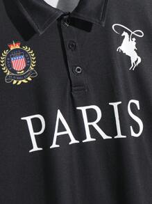 SHEIN Polo de punto holgado con estampado de letras, cuello de solapa y medio abierto, cómodo y versátil, apropiado para ir al colegio, ocio diario, vacaciones y viajes, adecuado para deportes, apto para festivales de primavera y verano, para niño preadolescente