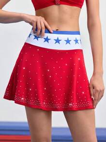 SHEIN Sports Falda y pantalón corto de cheerleader con contraste de color y con detalles de strass para usar en el campus