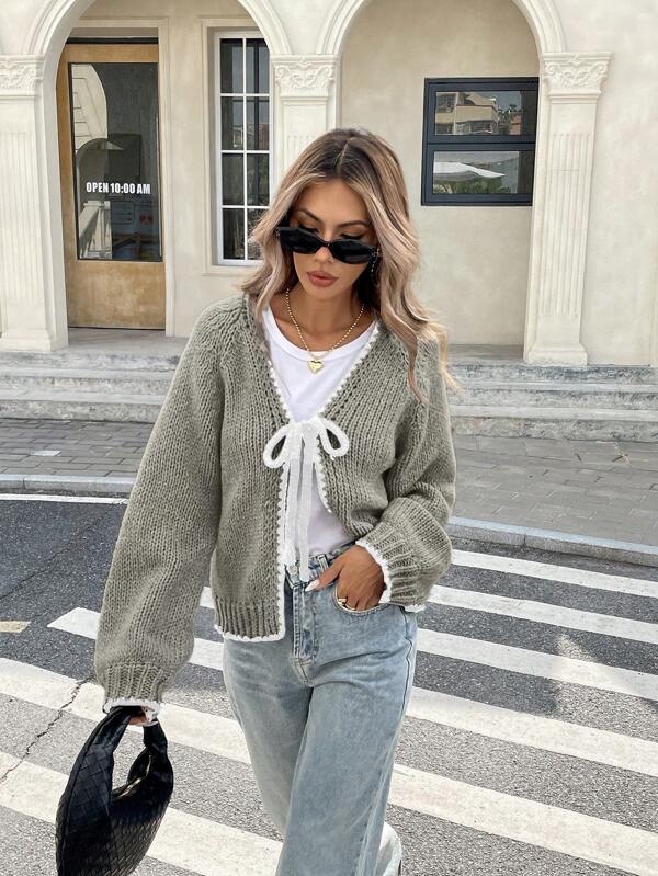 Serisse Women Contrast Color Trim Knot V-Neck Long Sleeve Cardigan Sweater,Knitted Sweater