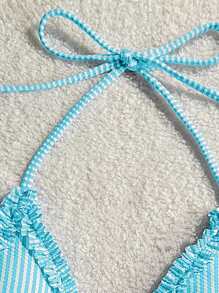 SHEIN Swim Women's Striped Print Ruffle Halter Backless Bikini Top - Mint Blue - View 3