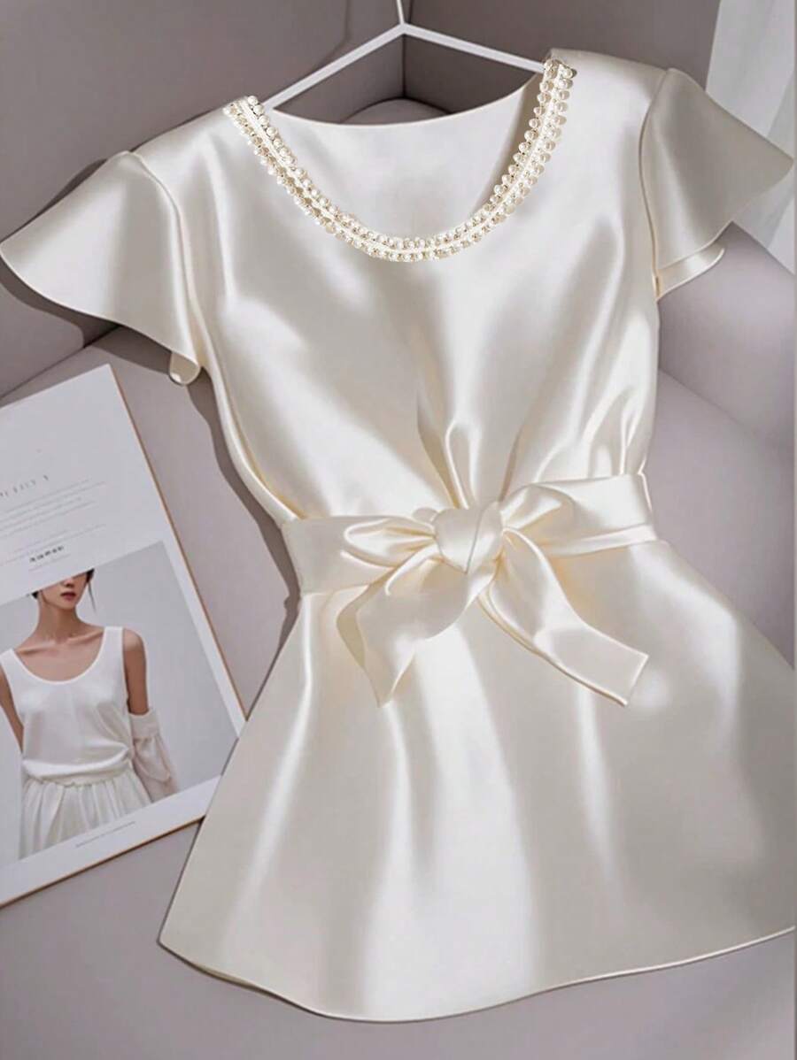 Franclia Women's Fashionable French Style Ruffled Pearl Chain Solid Color Blouse With Puff Sleeves, Spring/Summer - Apricot - View 1