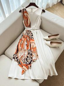 Franclia 夏季优雅复古优雅无袖圆领束腰中长连衣裙，优雅连衣裙，不对称印花设计 - 杏色 - 查看 1